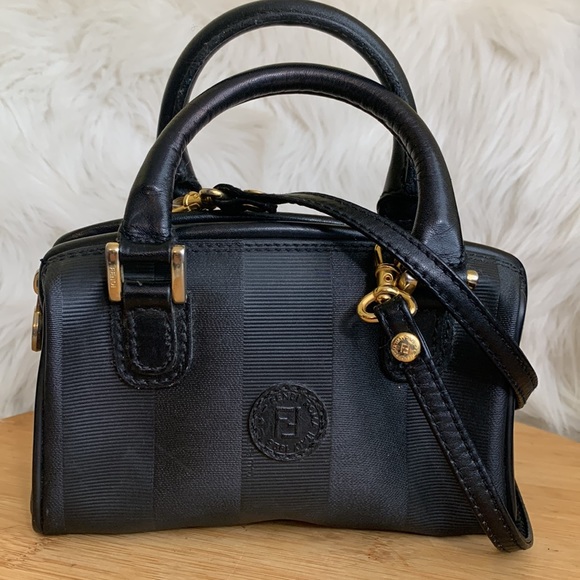 Fendi Handbags - Fendi || Vintage Boston Black Penguin Stripe Coated Canvas Leather Interior Bag